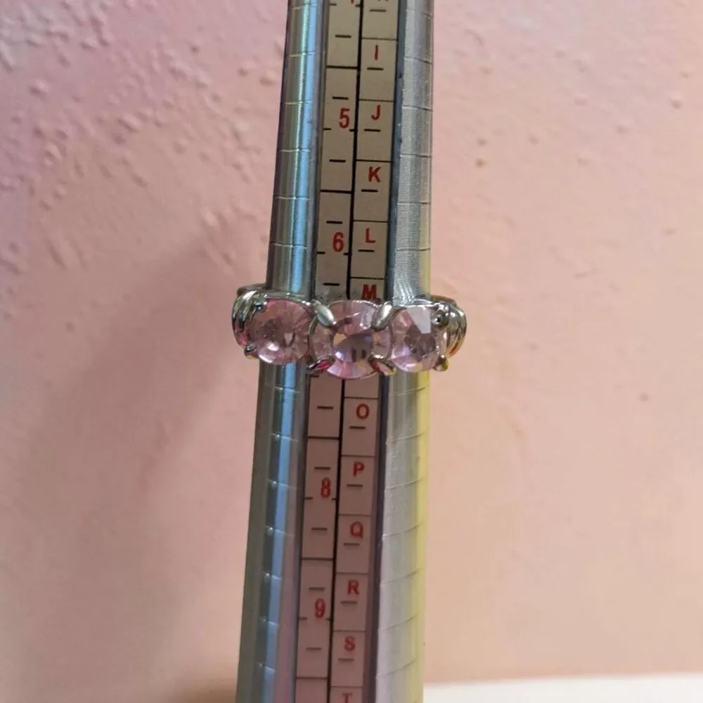 Pink Three Stone Ring, Silver Tone Trilogy Ring, Pink Statement Jewelry